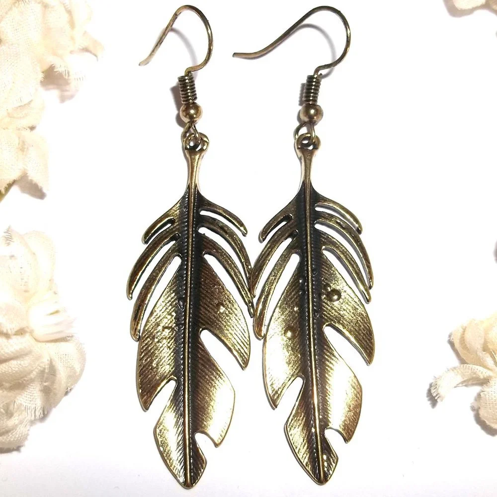 Brass Leaf Feather Earrings Dangle Drop Set Pair Costume Jewelry Dangling C001